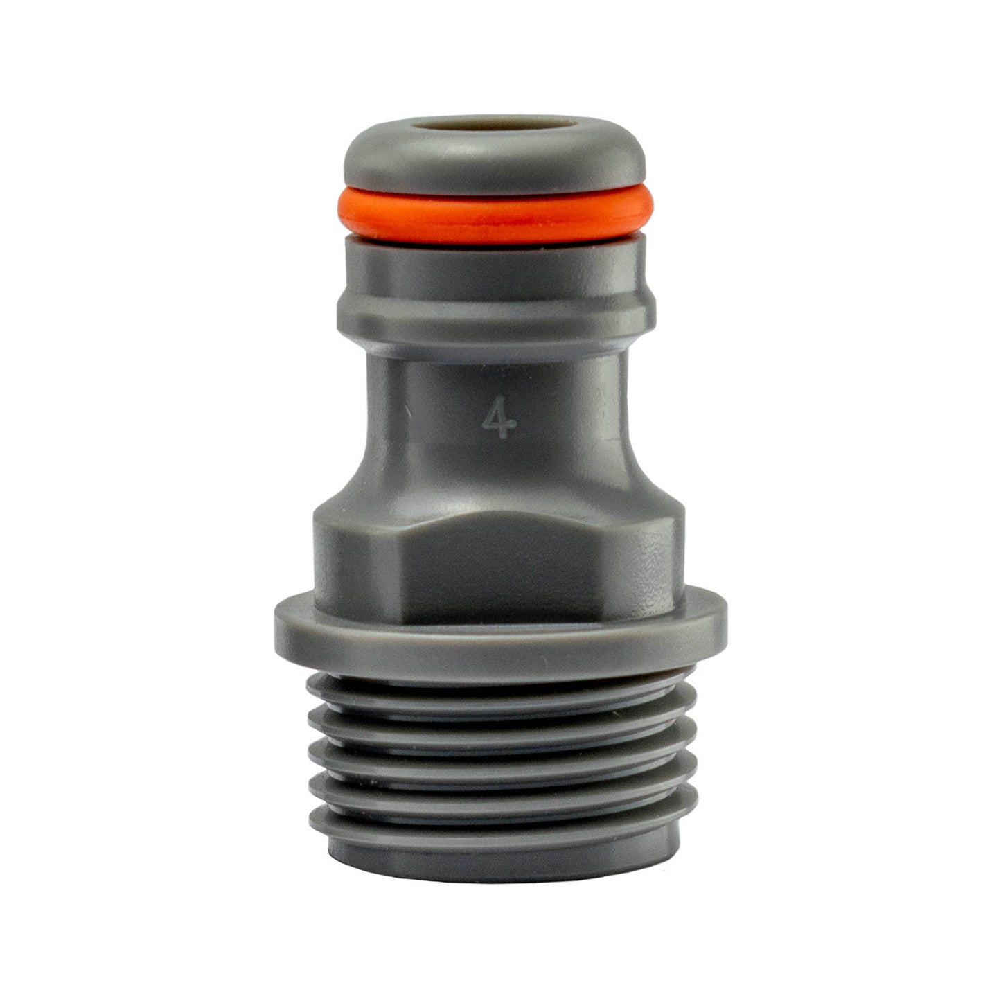 Snap-on male MDPE connector tip with orange O-ring seal, gray threaded section