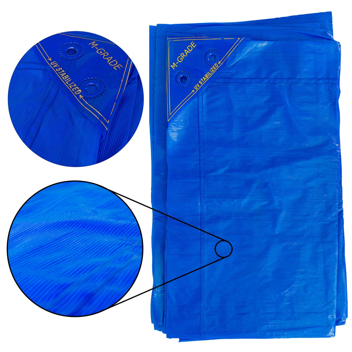 Blue LLDPE tarpaulin with M-GRADE emblem and fabric texture close-up