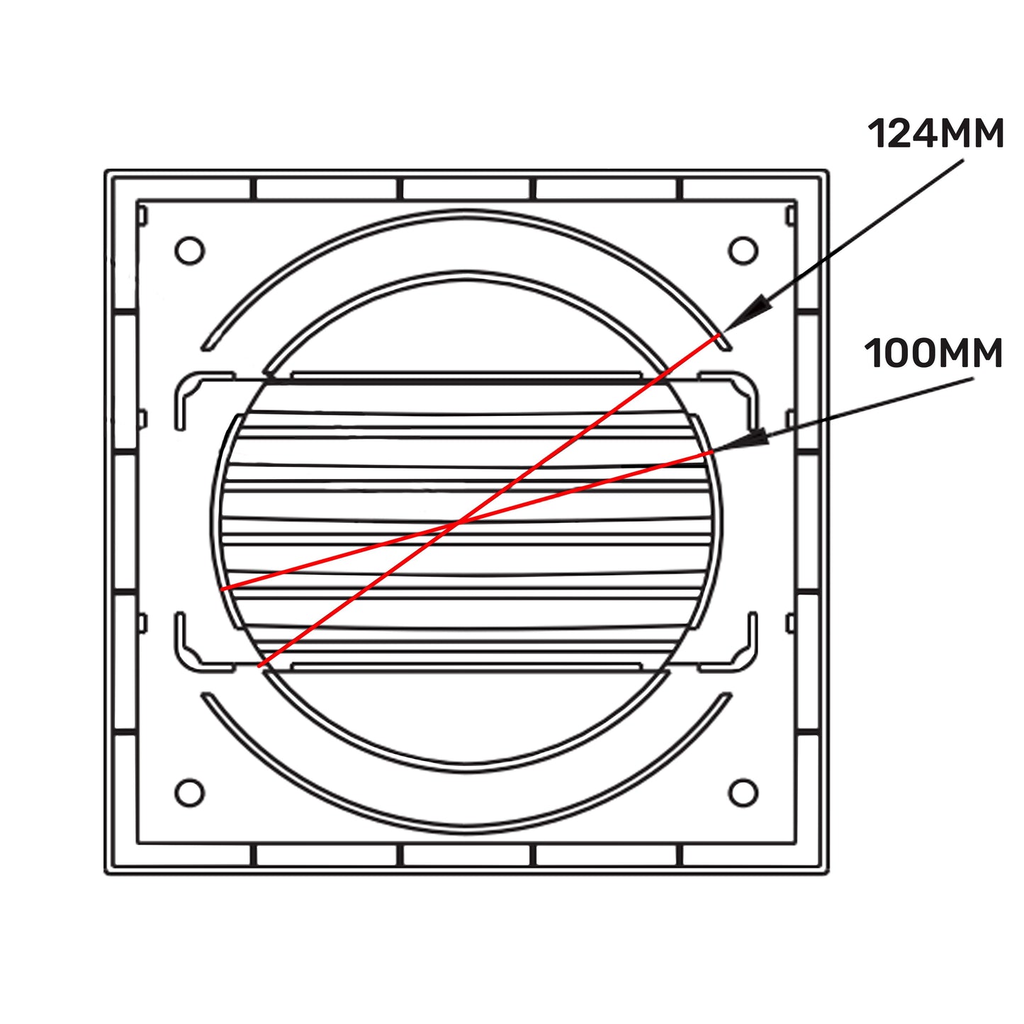 Louvre Vent KR100/125, quadratischer Rahmen mit rundem Lamelleneinsatz (124 mm)