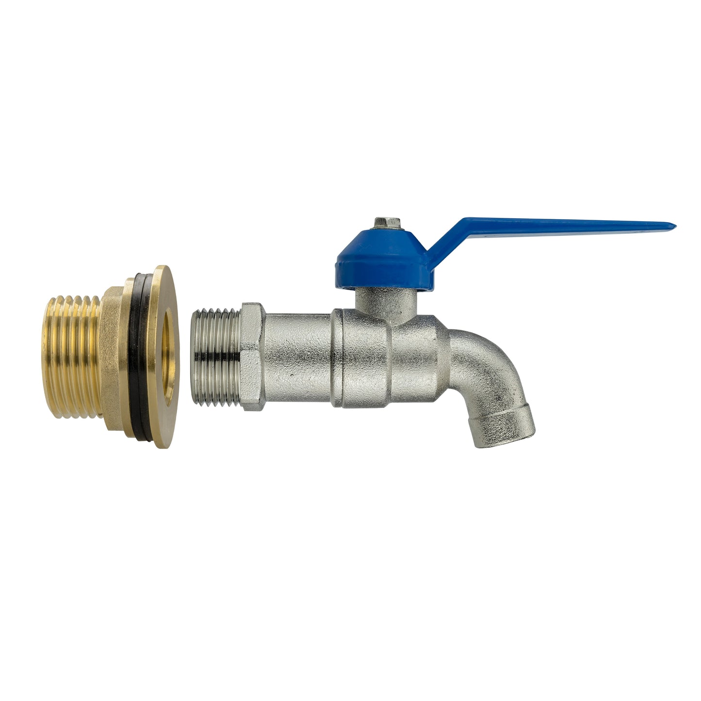 Brass tap kit with blue lever handle, threaded adapter flange and angled outlet spout