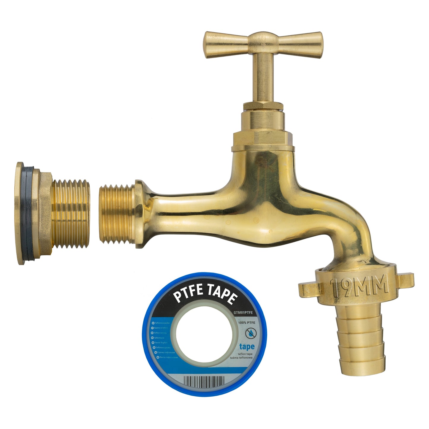 Brass tap kit with PTFE tape and 19mm barbed hose outlet