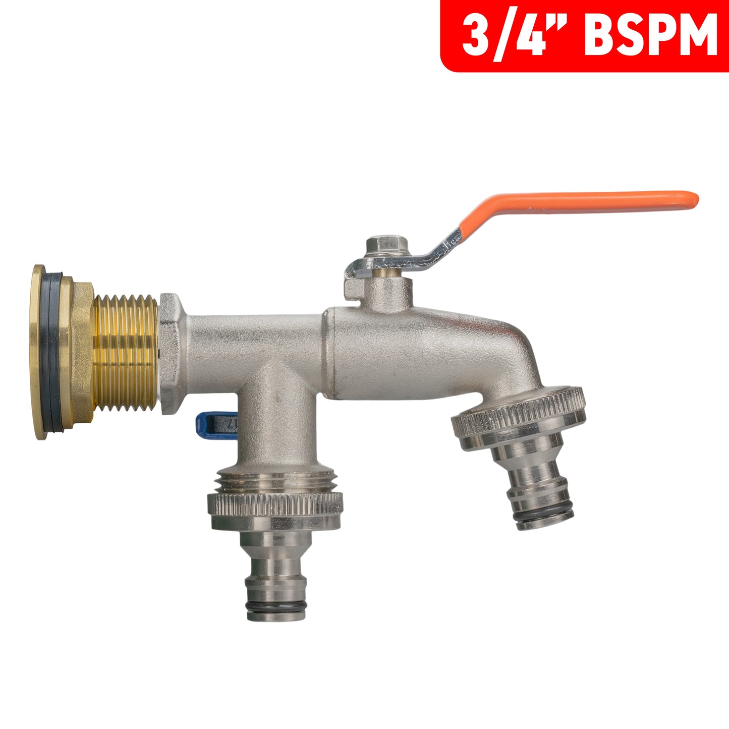 3/4 in BSPM brass water butt tap kit with orange lever and dual quick-connect outlets