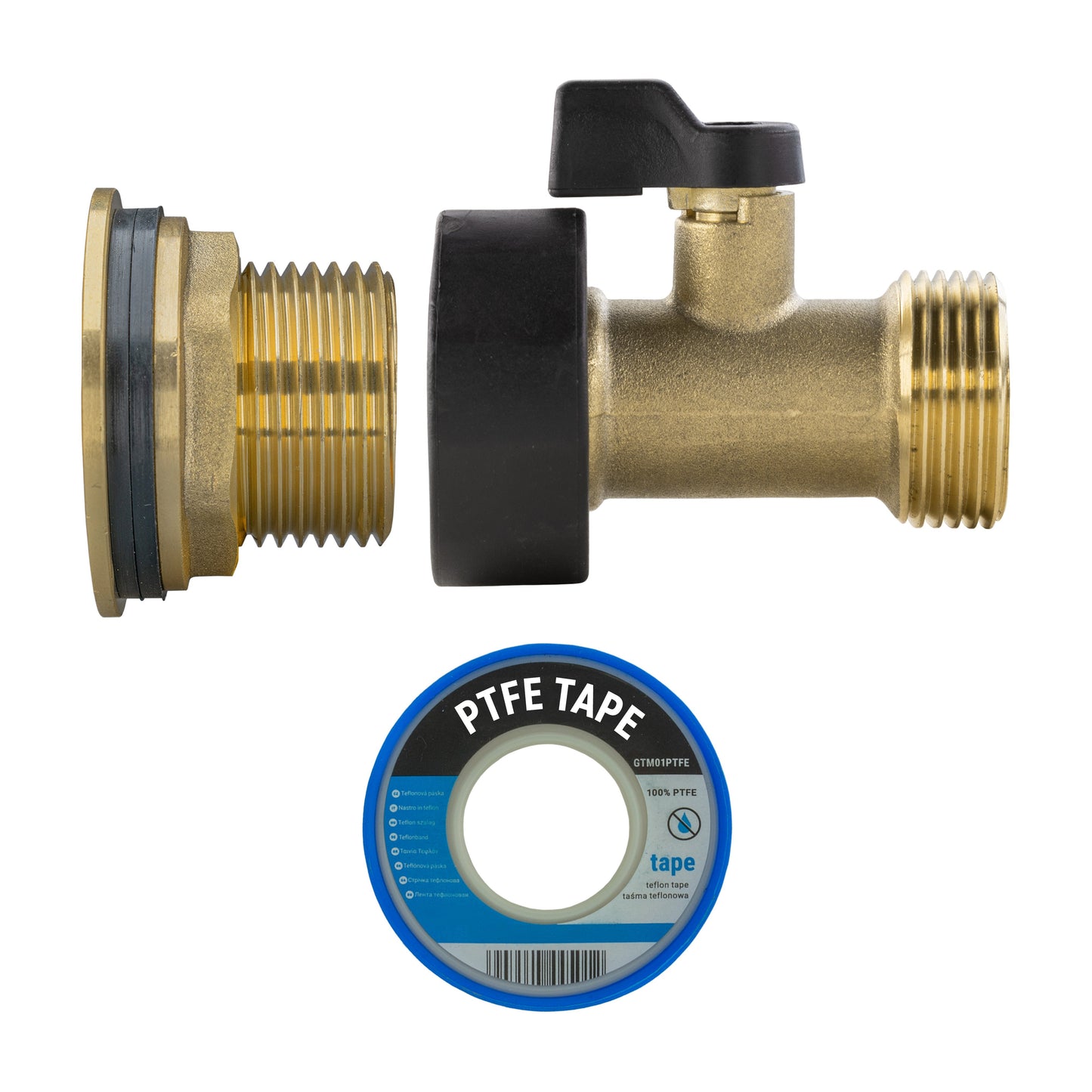 Brass water-butt valve with black seal washer and PTFE tape for threading