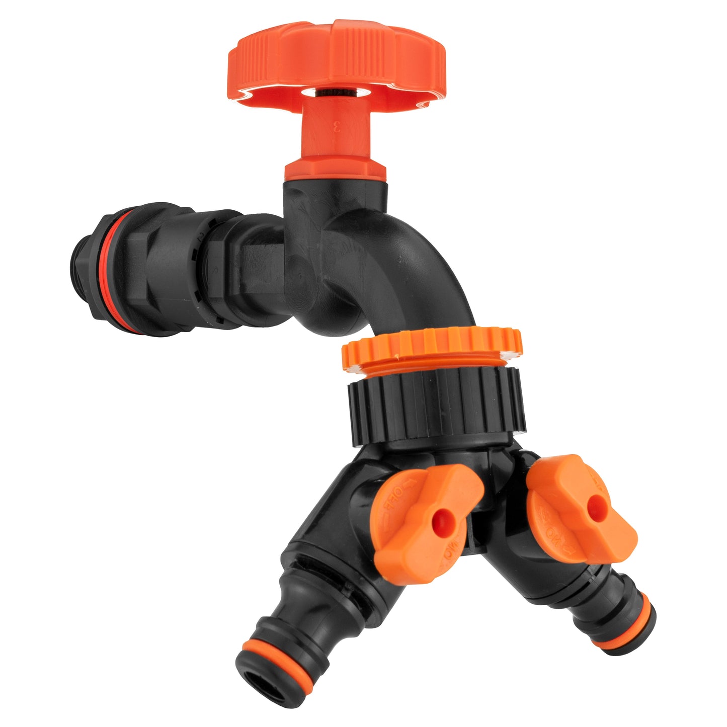 Water butt tap kit 1/2" two-way splitter with black dial and orange control levers