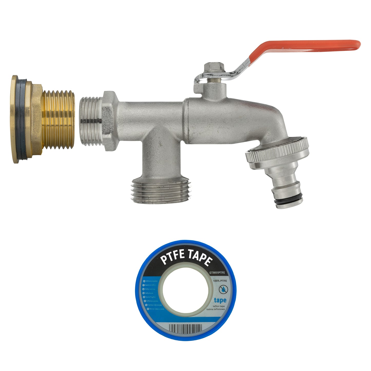 Brass water butt double-tap kit with included PTFE tape roll