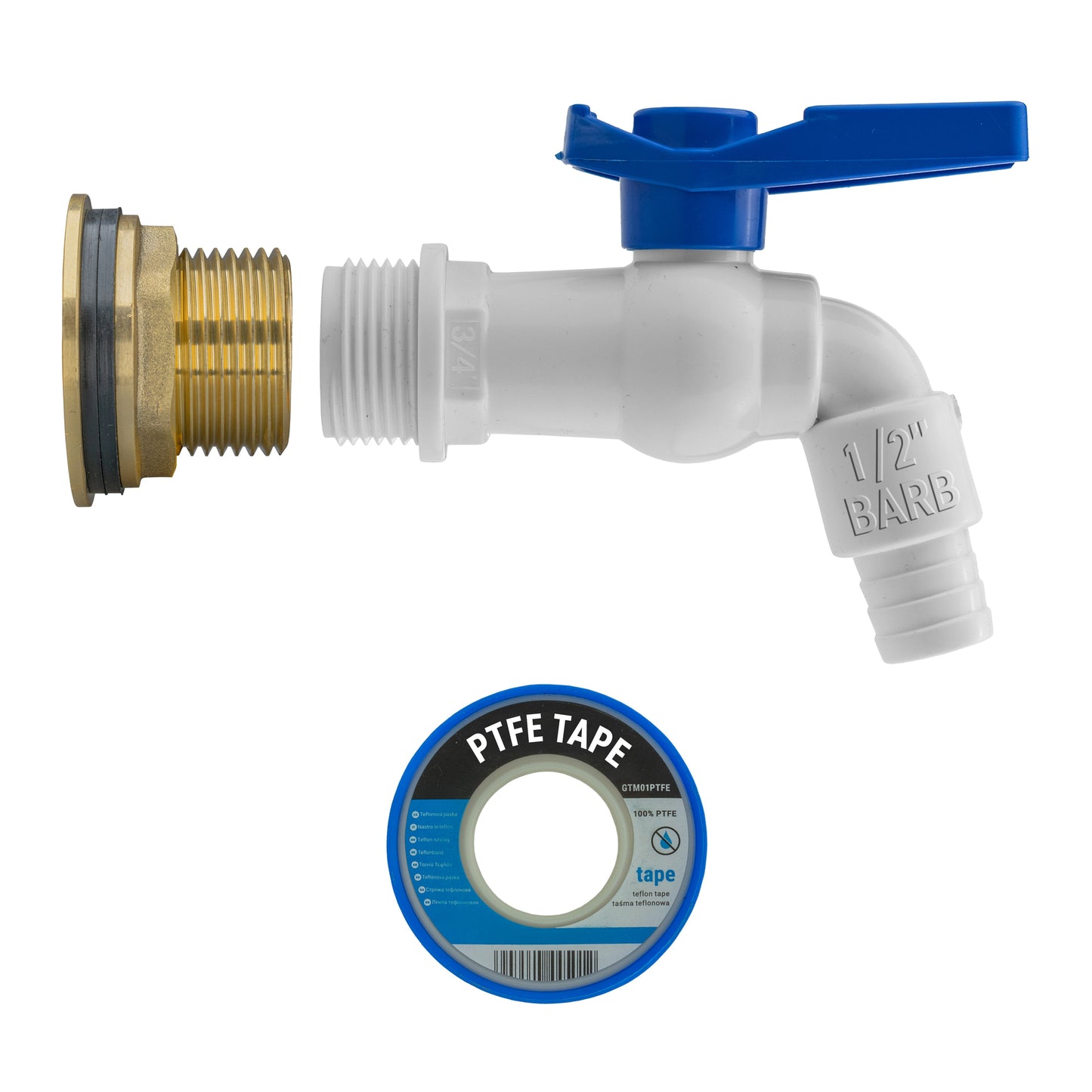 Water butt tap kit with white PVC spigot, brass 1" BSP thread, plus PTFE tape