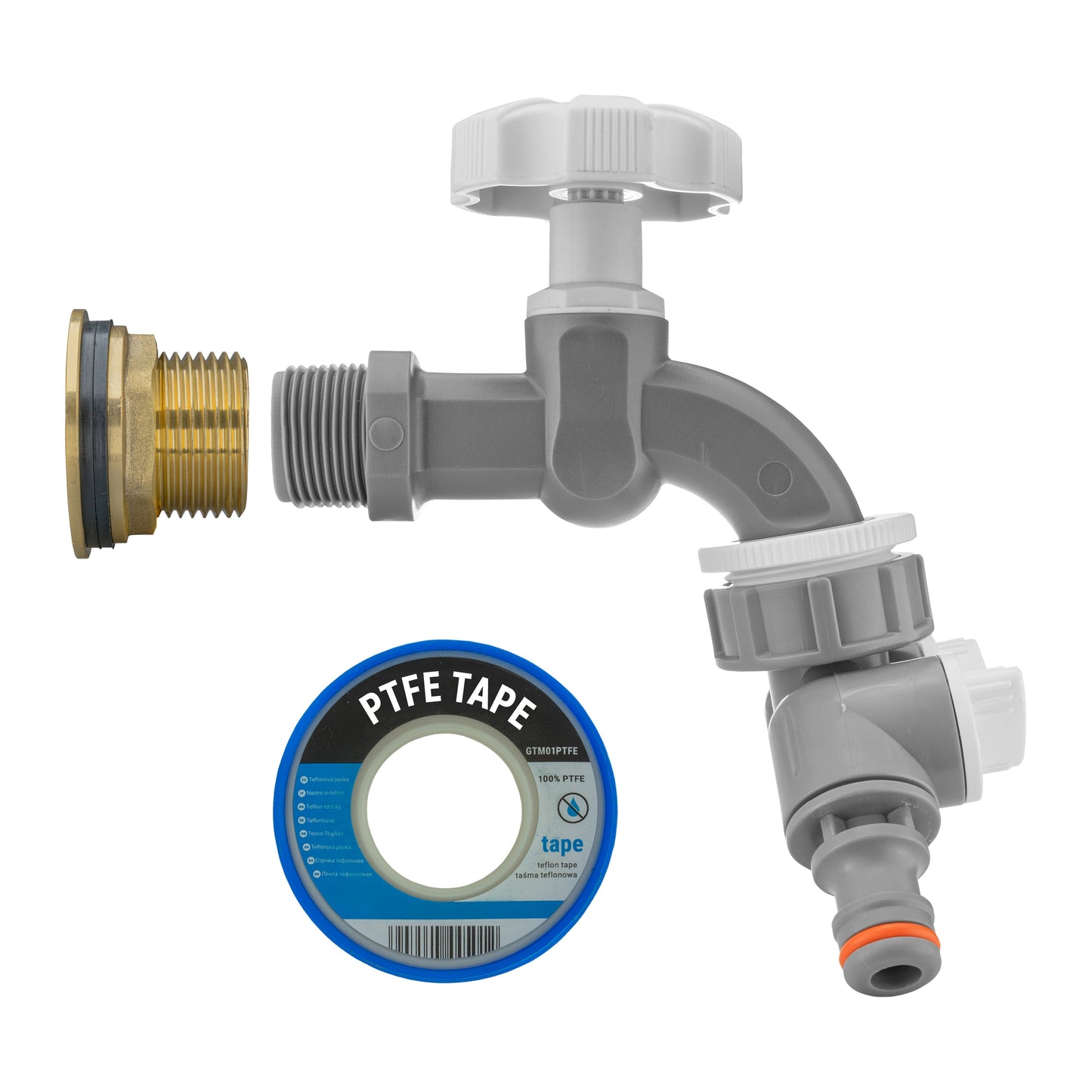 1" brass water butt tap kit with grey dial two-way splitter and PTFE tape roll
