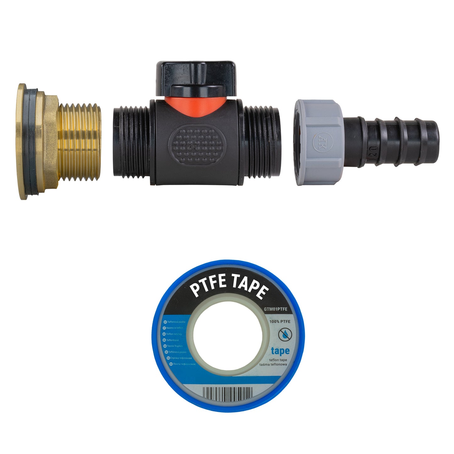 Inline valve fitting with 20mm barb plus PTFE tape for sealing threaded connection