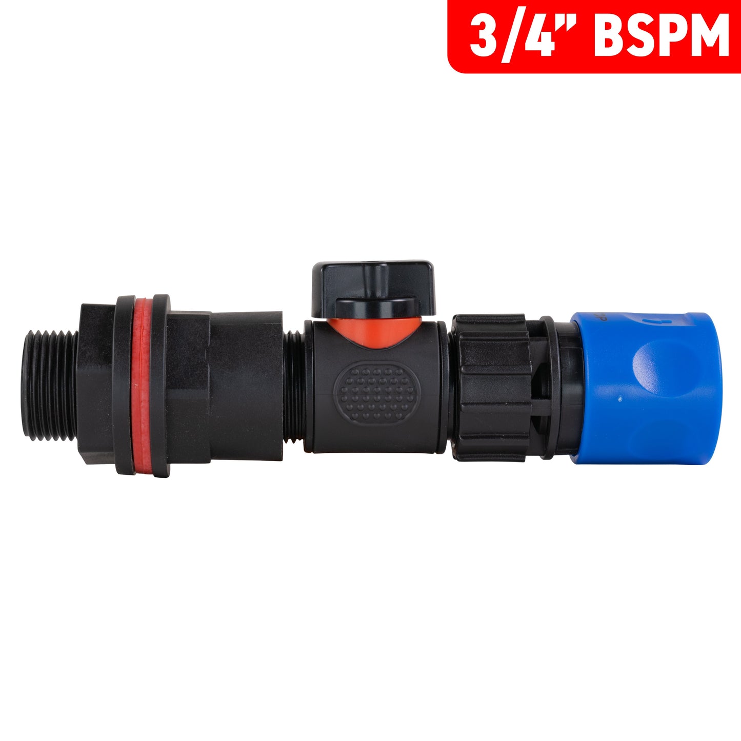 3/4" BSPM water butt connector kit, inline valve with red indicator, blue quick connector