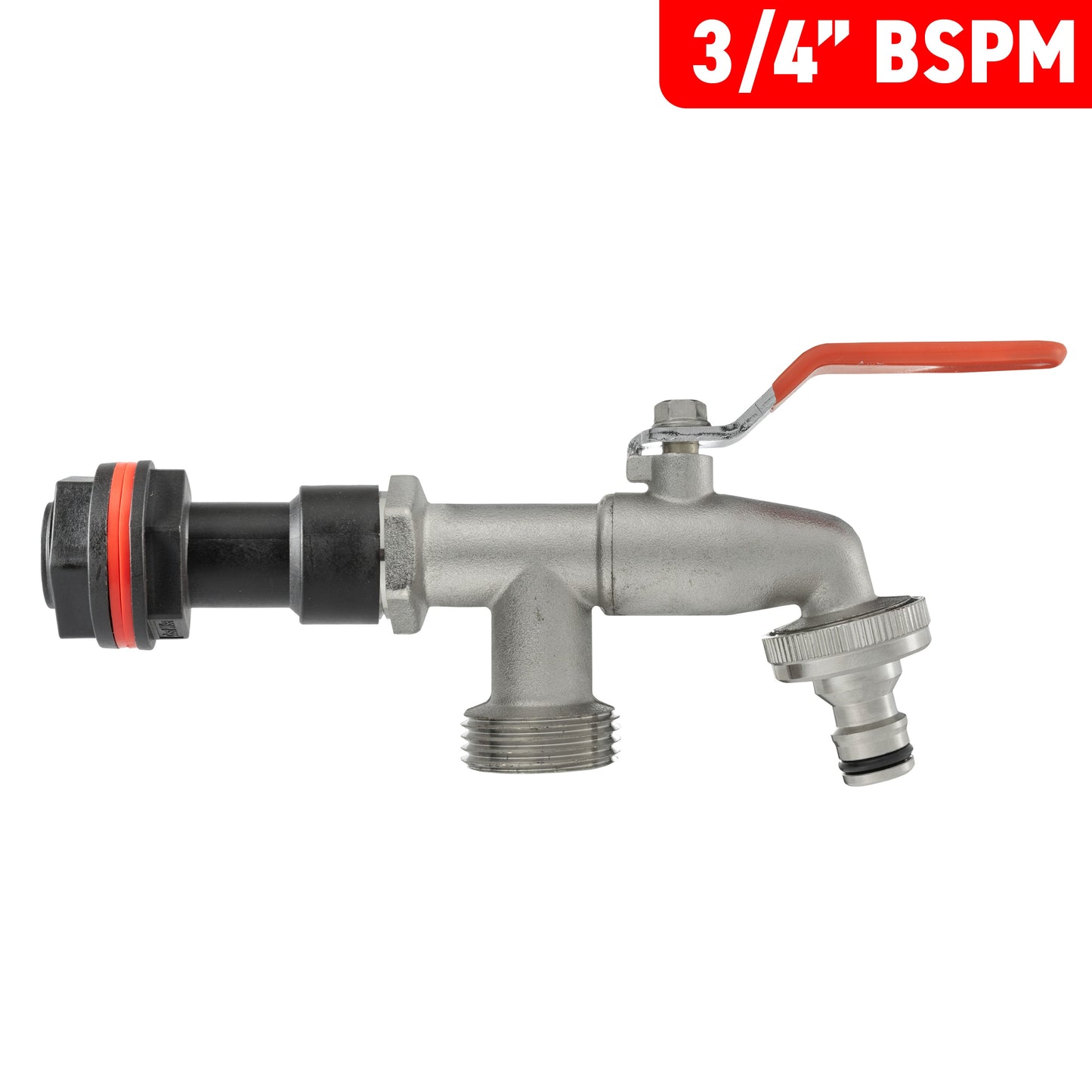 Water butt extension kit labeled 3/4 in BSPM, double-tap metal valve with red lever