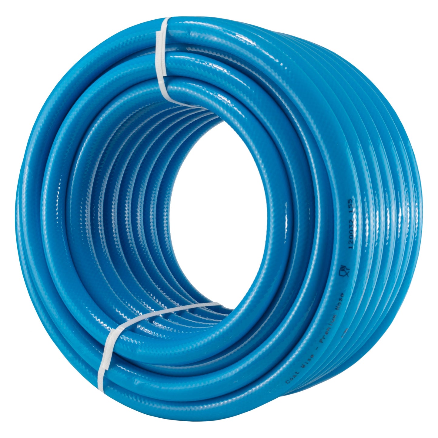 Coiled blue hose looped neatly with light tie wrap and smooth outer surface