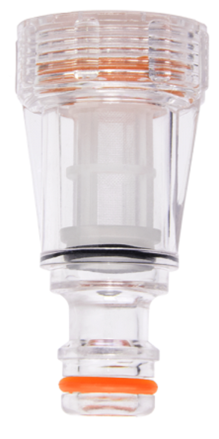 Tap connector filter head with orange insert and clear housing