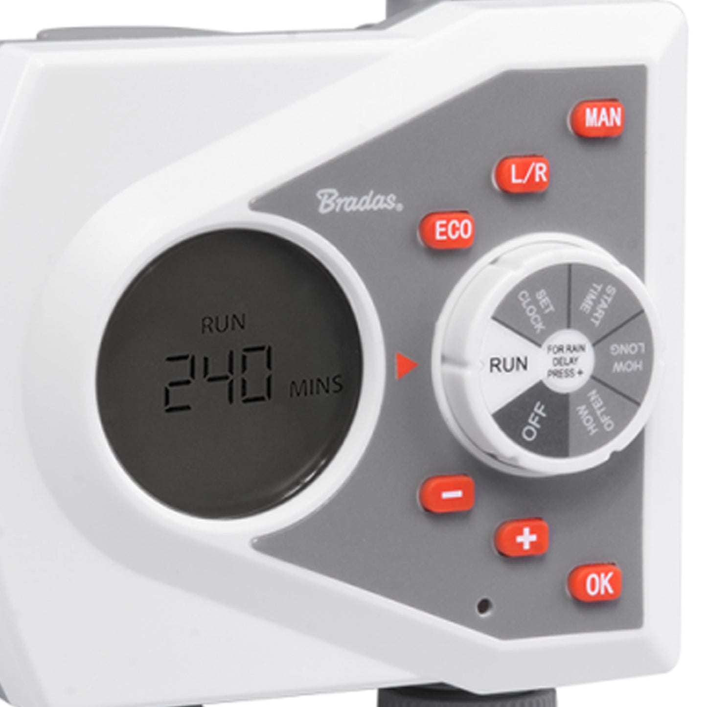 Close-up of White Line water timer LCD showing run minutes and ECO control dial