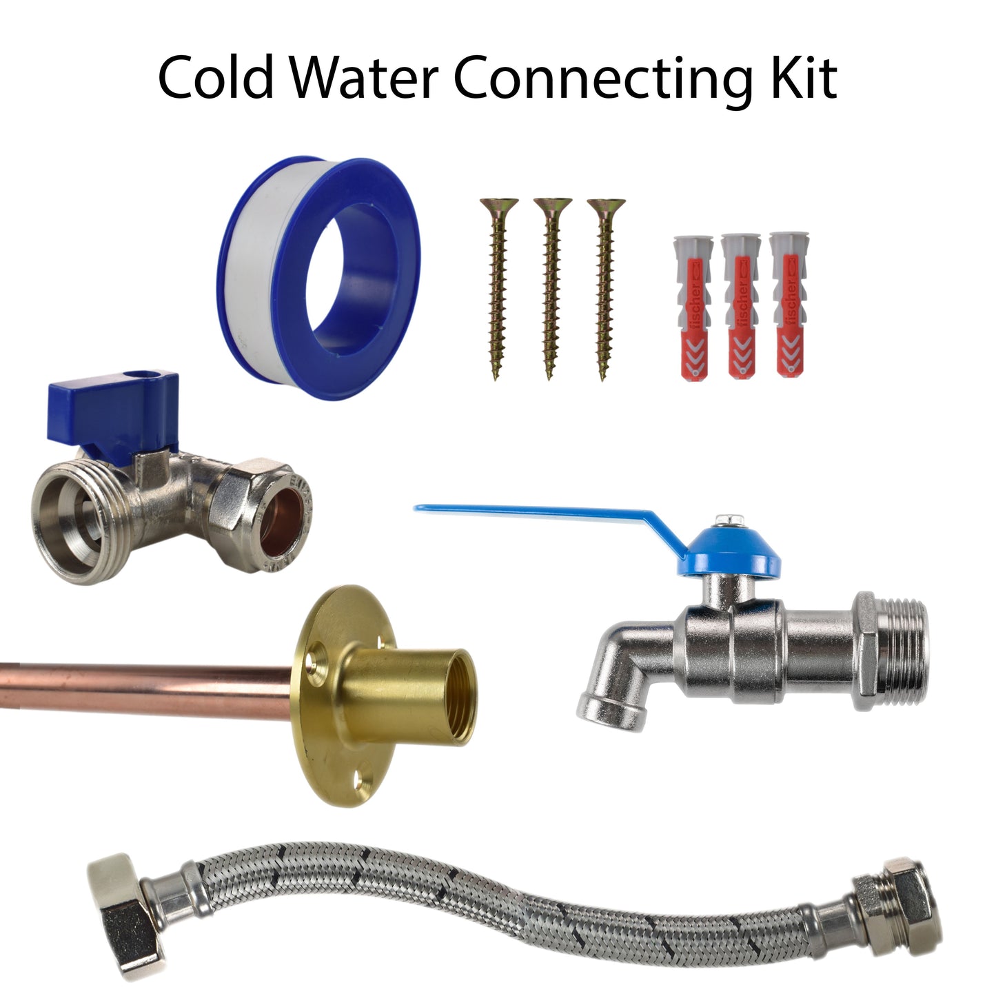 Cold Water Connecting Kit: lever tap valve, braided hose, wall flange, screws and seals