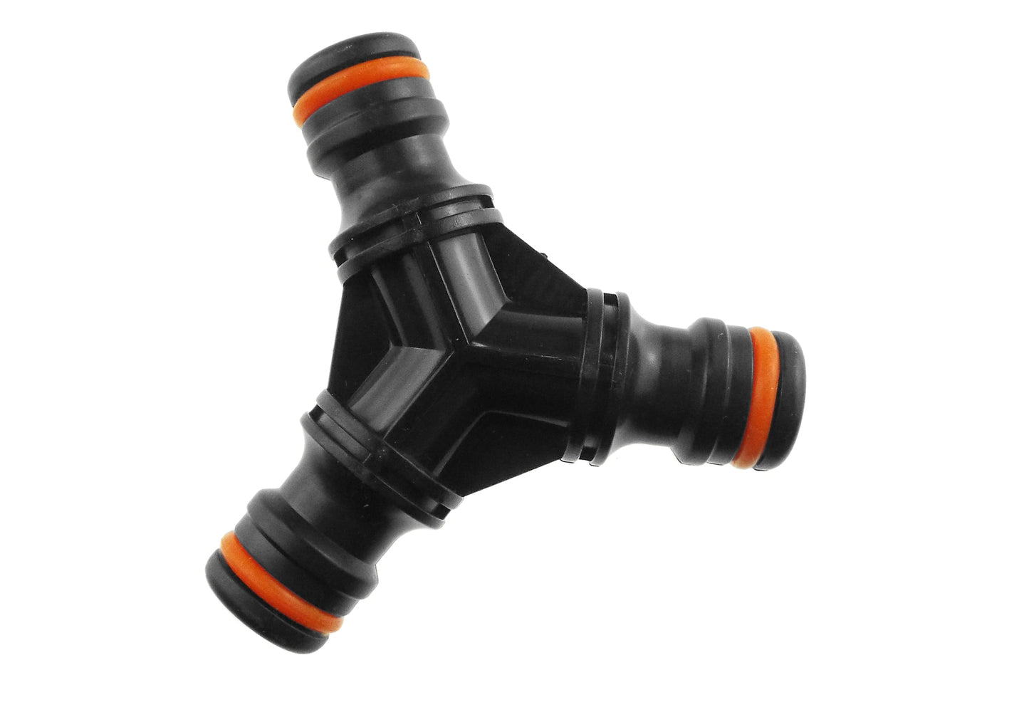 Three-way snap-on male connector, black with orange rings, opposite side view