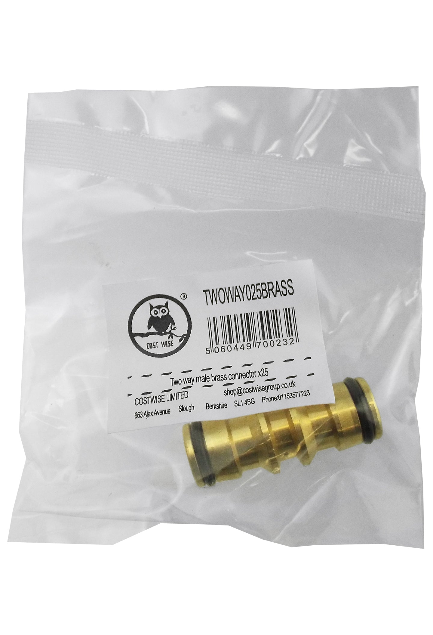 Brass two way male snap-on connector in clear retail bag, product label visible