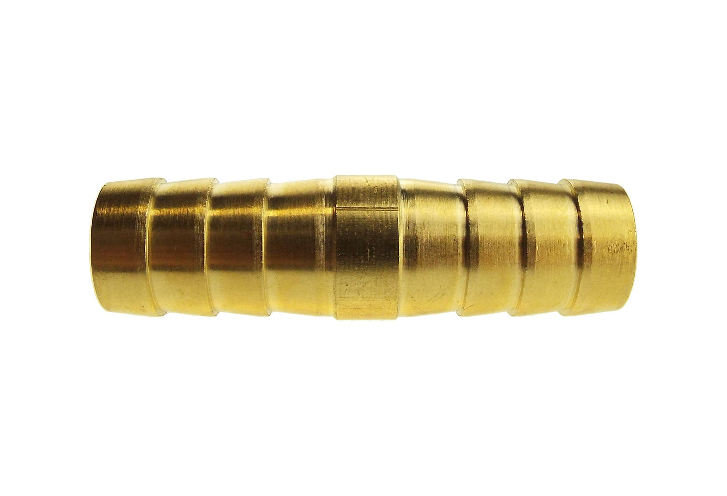 Angled view of brass 8 mm straight joiner, ridged pipe-to-pipe connector