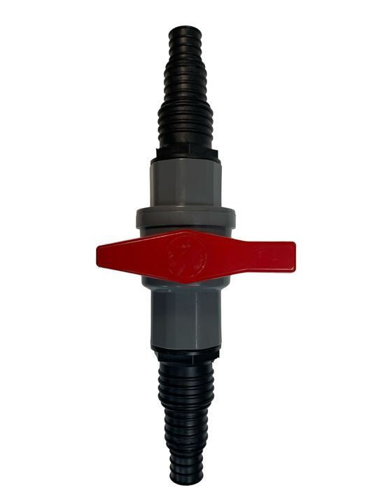 Stopcock valve with red lever handle and black ribbed connectors for tubing