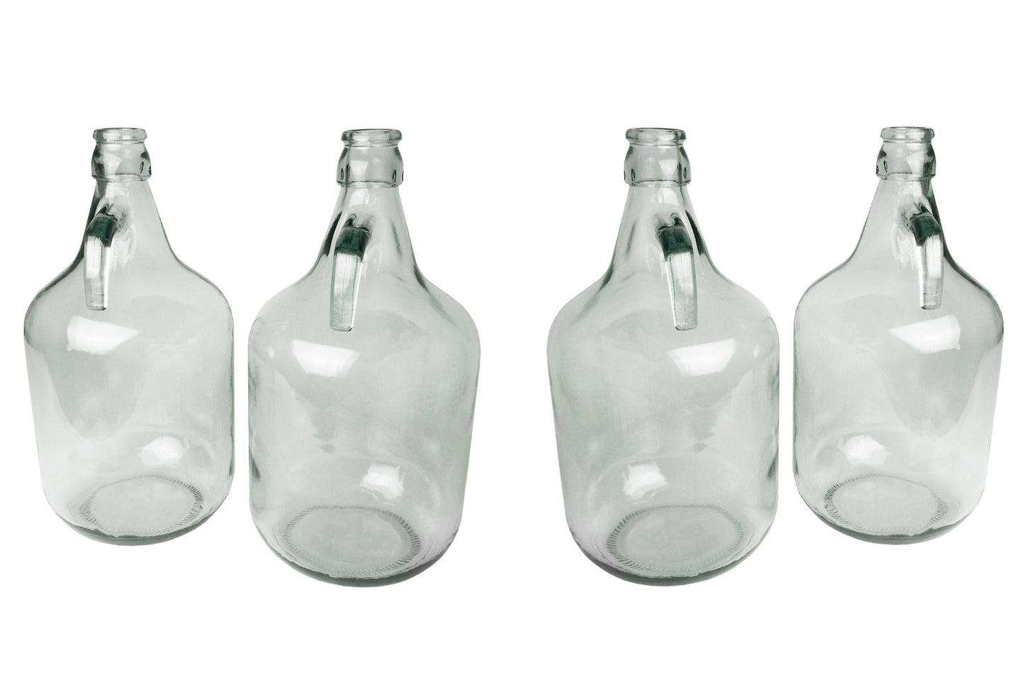 Clear 5L glass demijohns, plain bottles with neck handles, set of four