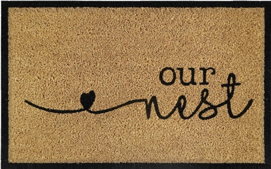 Doormat 60x40 cm “Our Nest” beige coir with black “our nest” script text