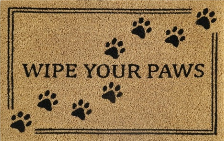 Coir doormat 60 x 40 cm with 'WIPE YOUR PAWS' and black paw prints