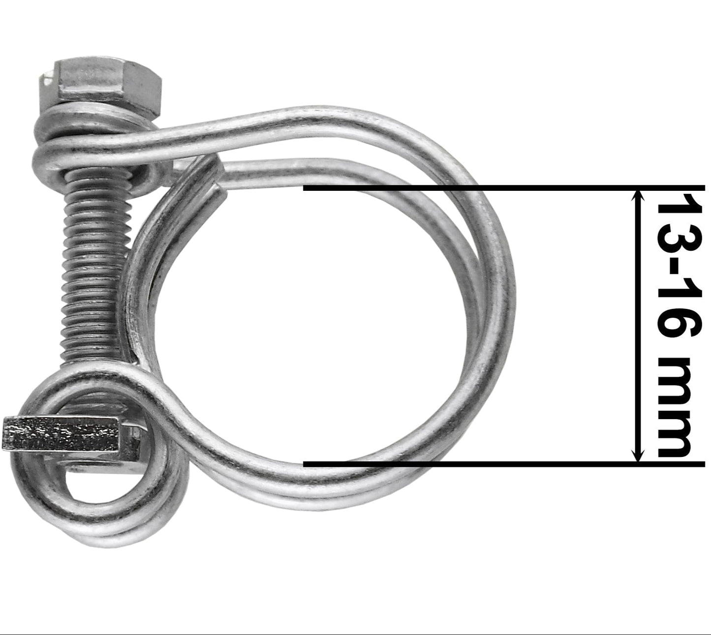Double wire hose clamp, galvanised steel, 13–16 mm (dimension shown)