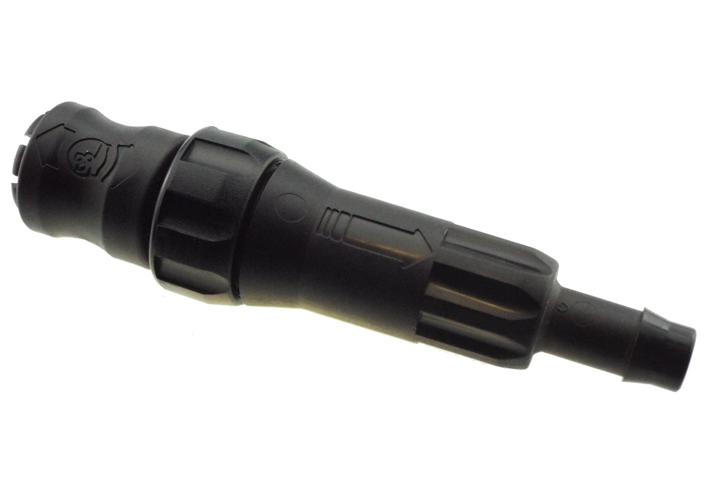 Snap-on filter 13mm barbed fitting with ridged grip collar, black