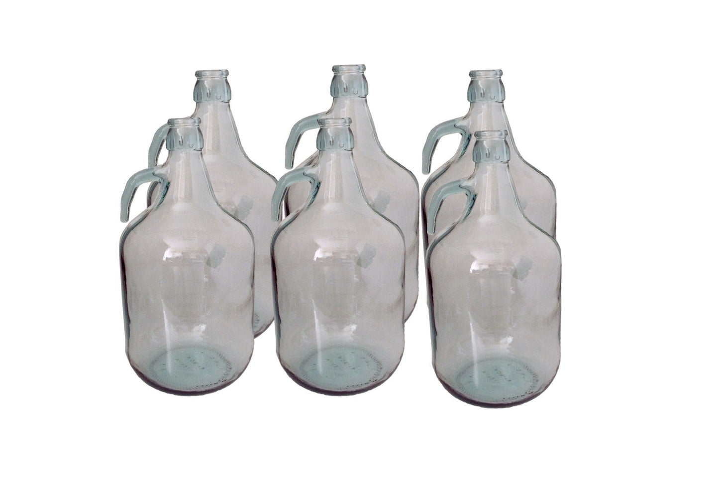 3 clear 5L glass demijohns with loop handles and narrow necks