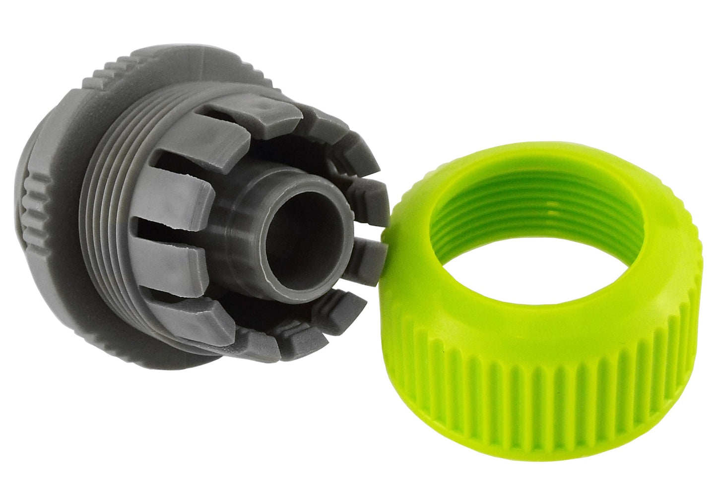 Hose mender parts: lime ring and black BSPM threaded connector