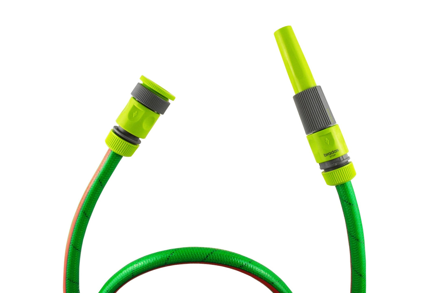 Hose connectors attached to green hose ends with lime-green nozzle-style parts
