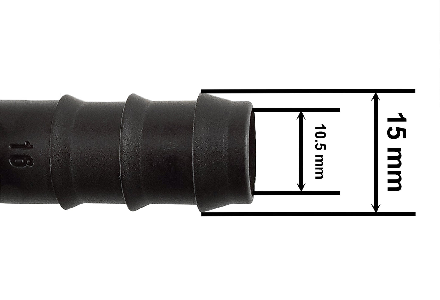 1/2" irrigation pipe joiner, black connector; 15 mm length, 10.5 mm width