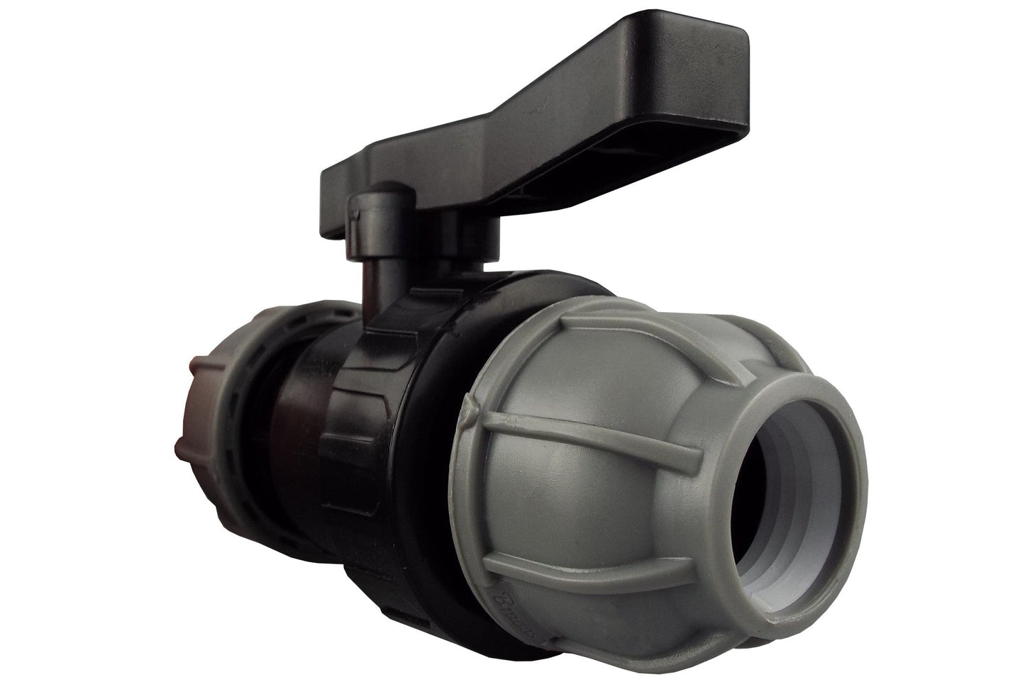 MDPE 20mm stop valve, side view with grey end socket and black body