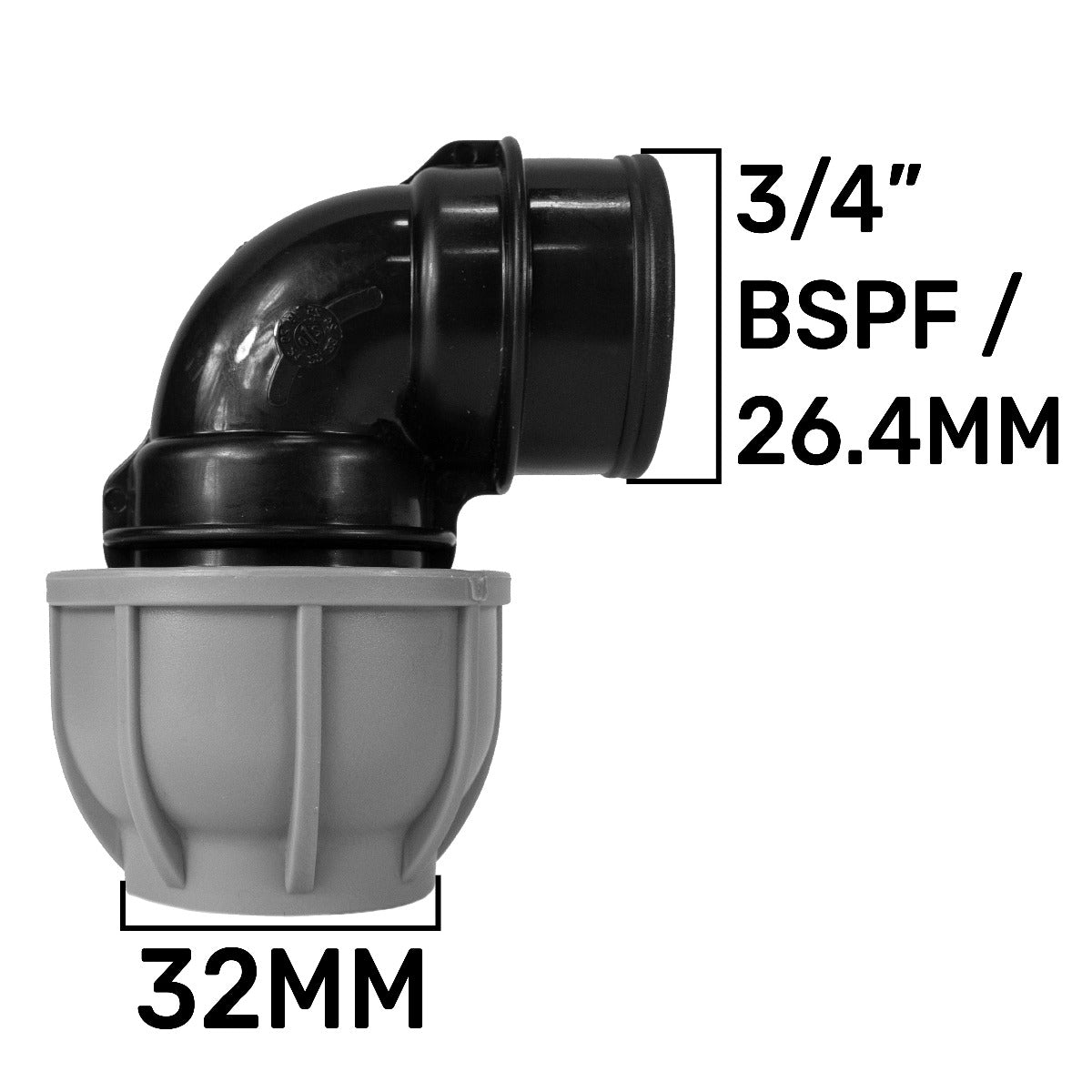 MDPE elbow 3/4" BSPF, 32mm; black elbow with grey mounting collar