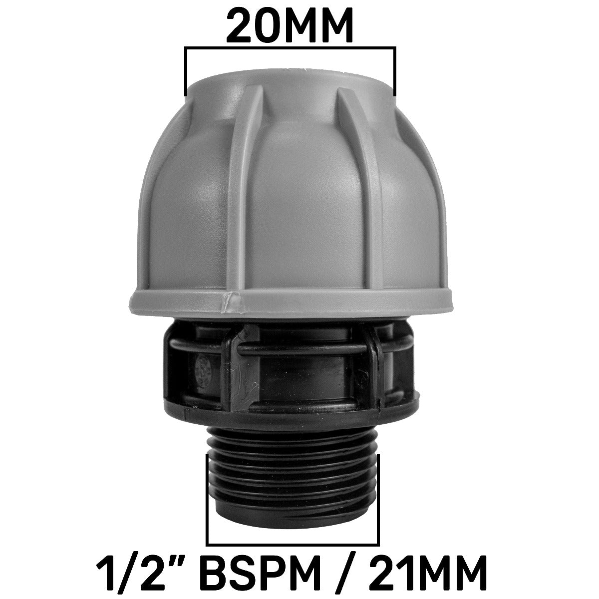 20mm MDPE straight joiner with 1/2" BSPM thread, grey body and black ends