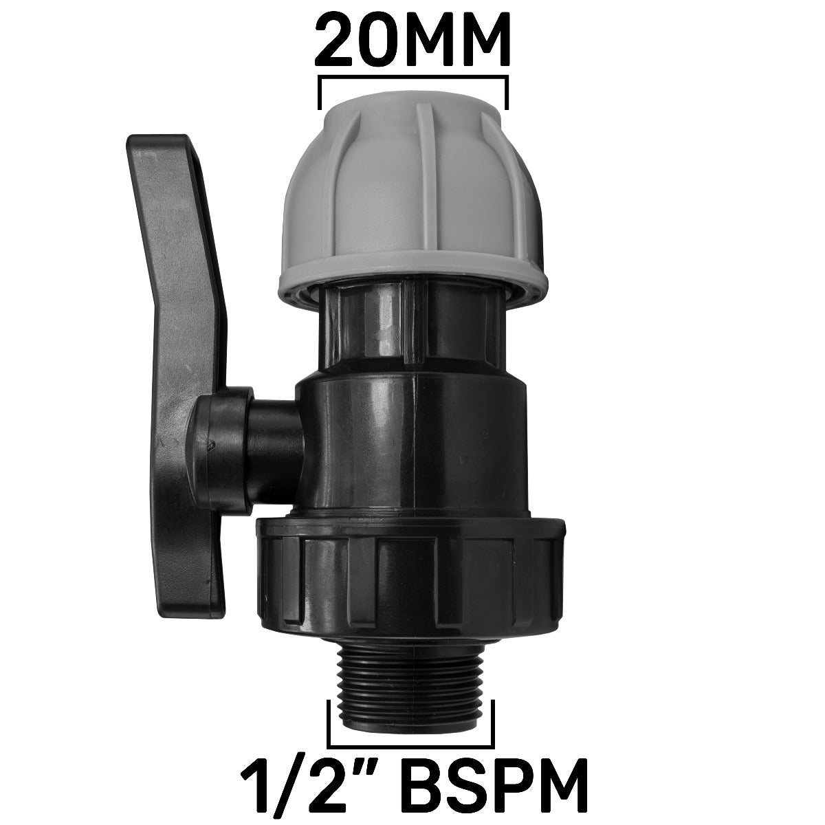 20mm MDPE valve with 1/2" BSPM thread and black lever handle
