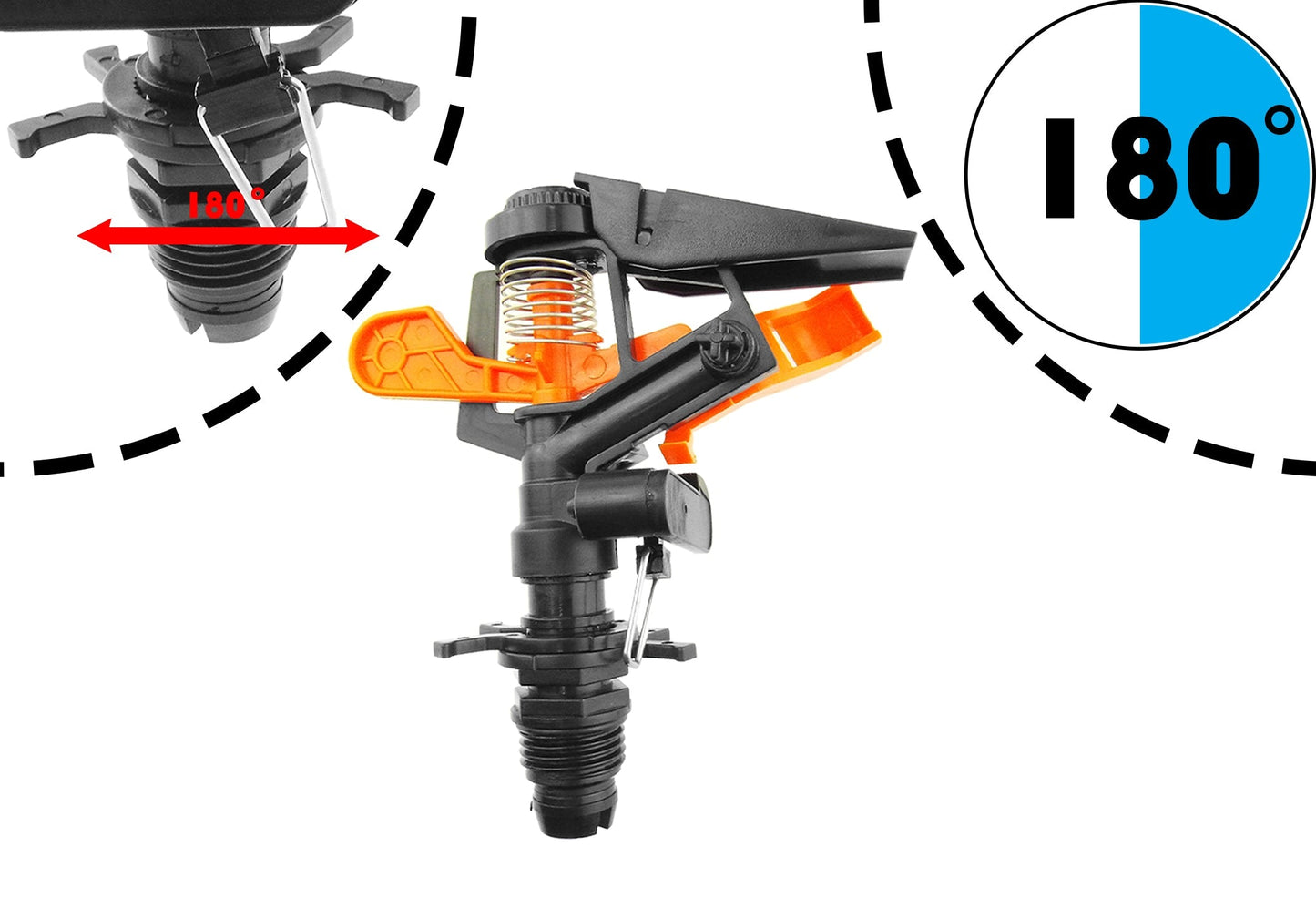 Adjustable spike sprinkler with 180° setting and orange spray arm