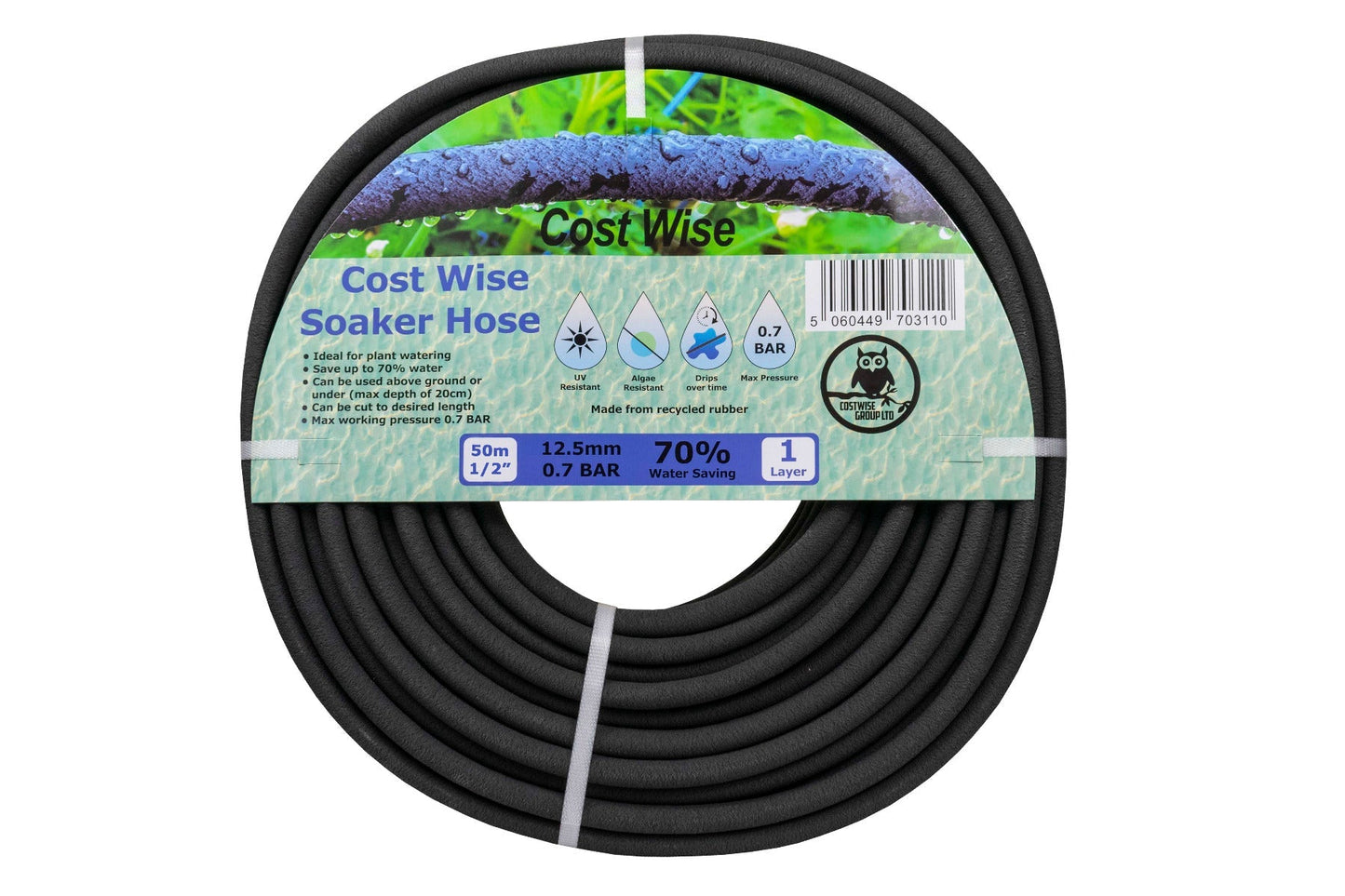 Rolled soaker hose 50m, package label 'Cost Wise Soaker Hose'