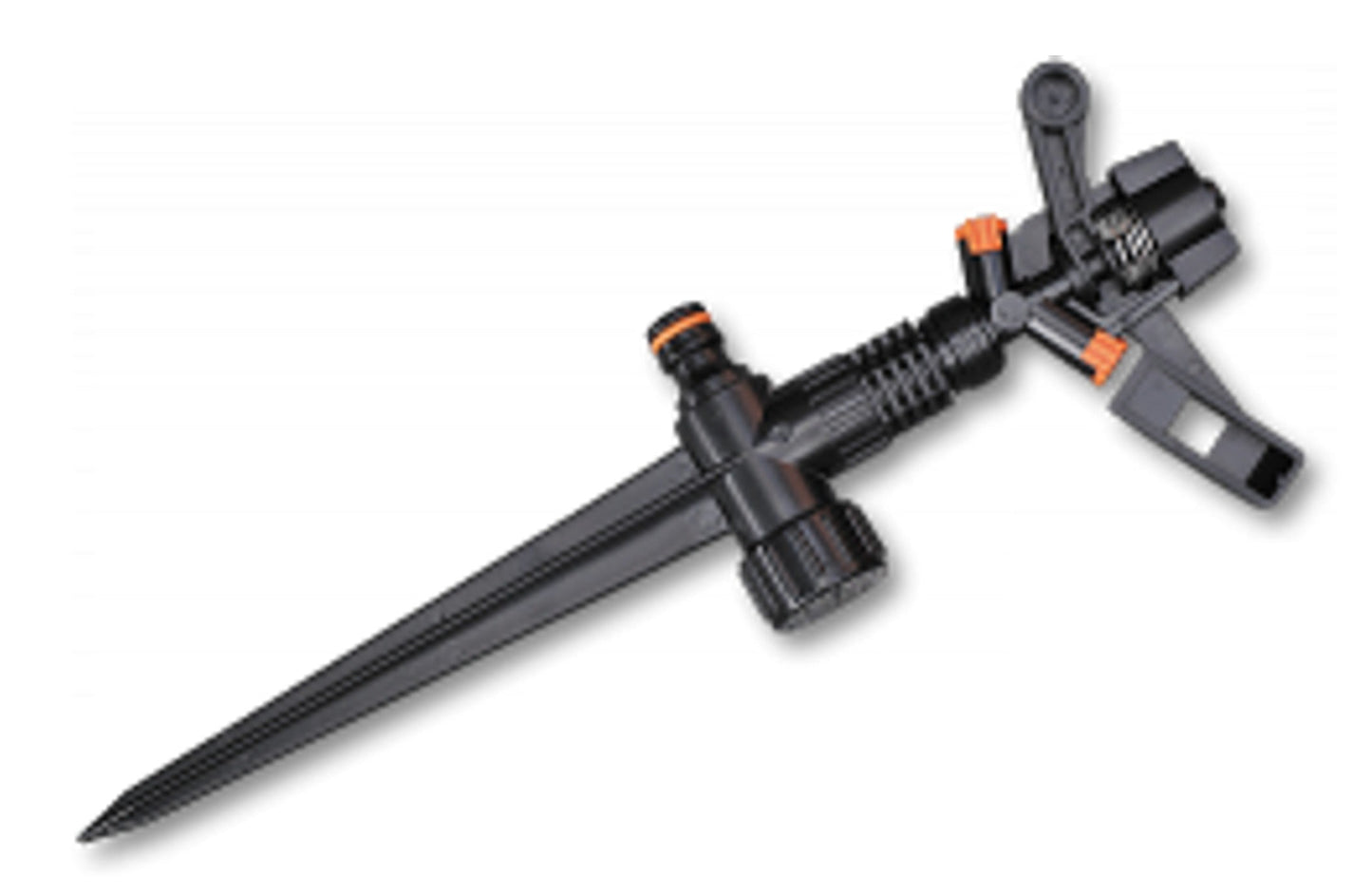Pulsating lawn sprinkler with spike and adjustable nozzle, black and gray