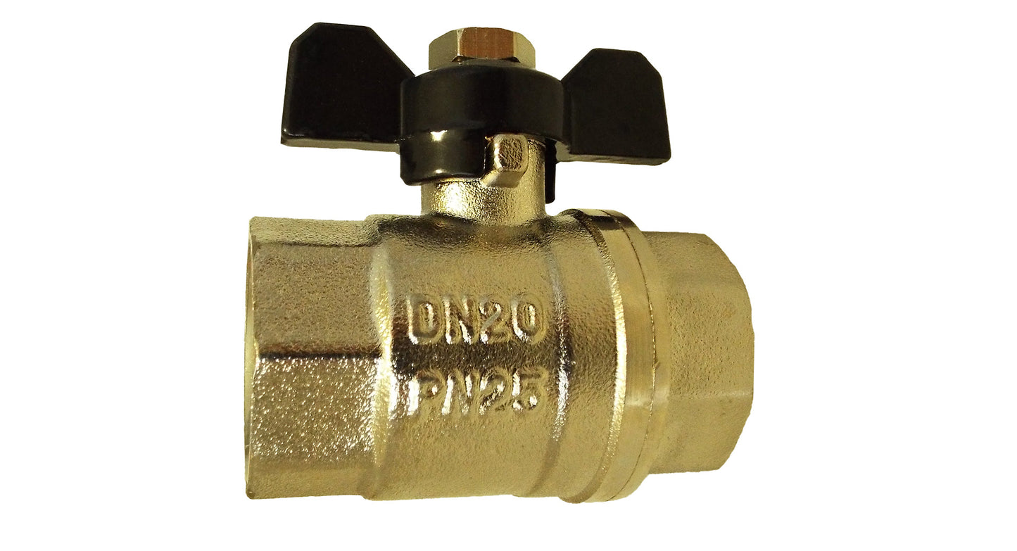 Brass butterfly valve with black lever, DN20/PN25 marking on body, 1" BSPF