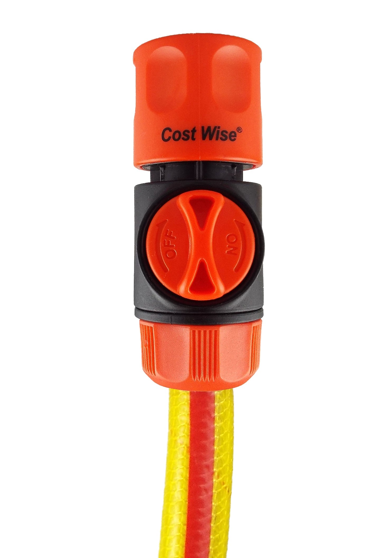 Hose connector with orange valve knob, black body, threaded outlet for garden hose