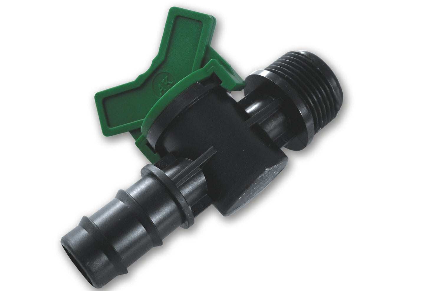 In-line irrigation valve with green lever, 1/2" BSPM thread and 1/2" pipe connector