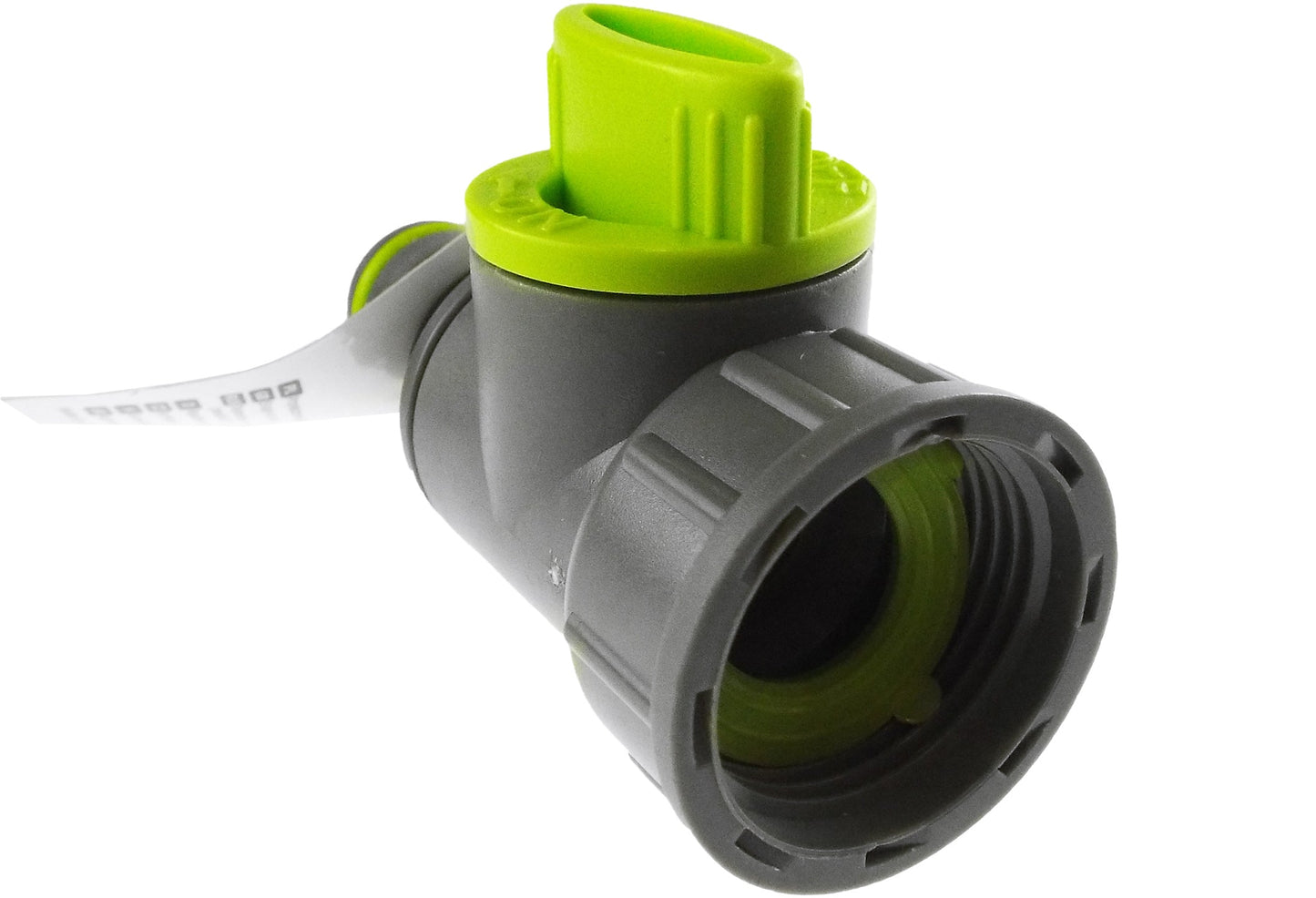 ¾” BSPF snap-on tap adapter with valve—angled view showing lime inner seal and gray threads