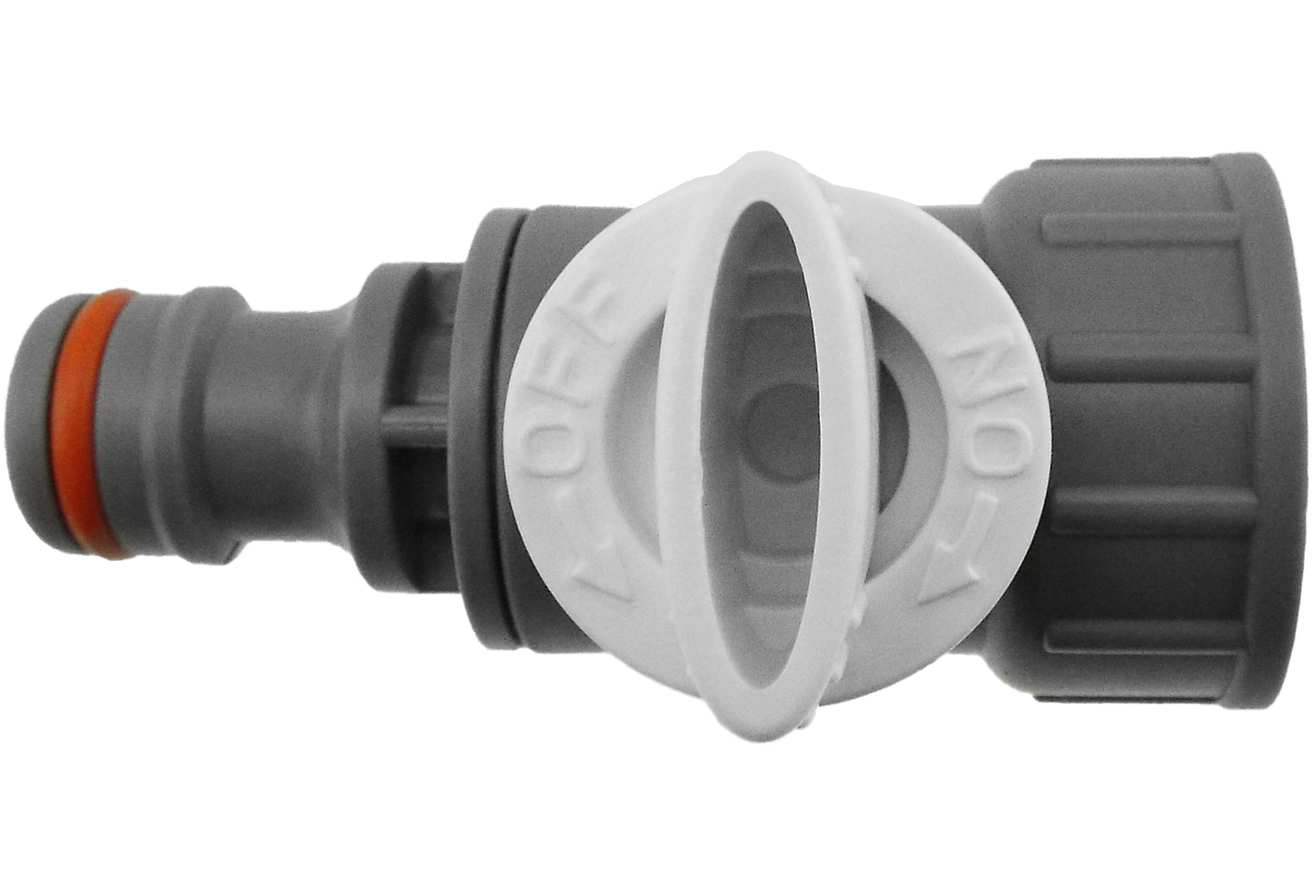 Snap-on connector with valve face plate and orange-ring seal, grey tap adapter