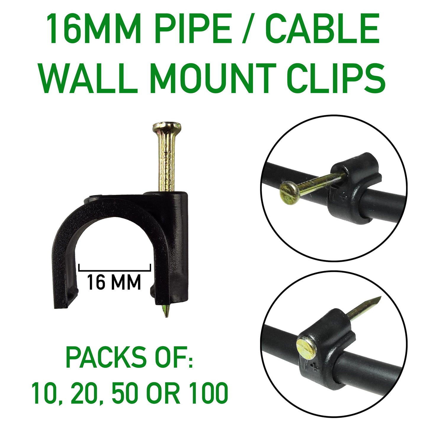 Wall mount clip for 16mm pipe/cable with metal nail and black plastic fastener
