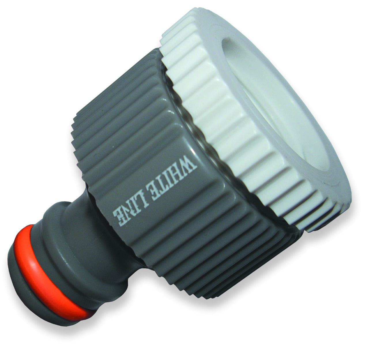 Grey female tap connector with red sealing ring and BSPF threaded end