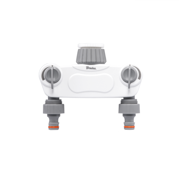 White 2-way manifold splitter with two shut-off tap valves and central control cap
