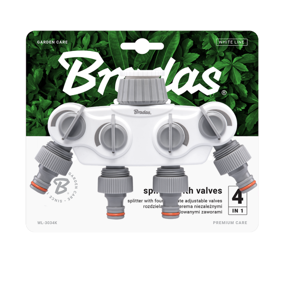 White 4-way manifold on card, tap connectors for 1 or 3/4 BSP