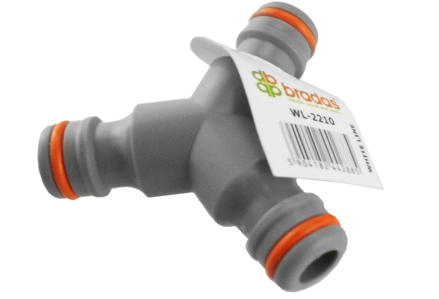 dp brodas three-way male connector, gray with orange ring seals, label WL-2210 barcode