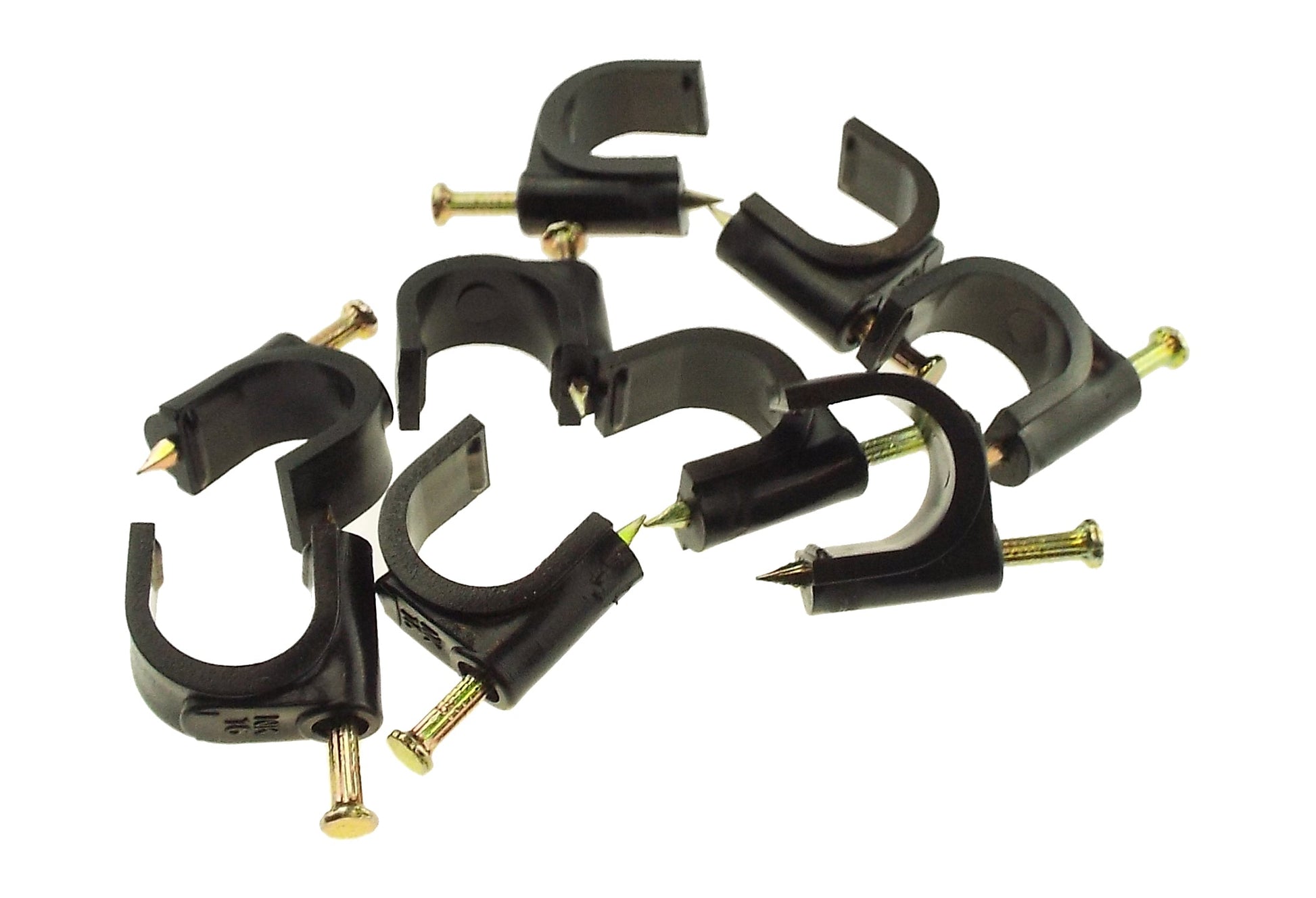 Wall mount clips for 16 mm irrigation pipe, black plastic with brass nails