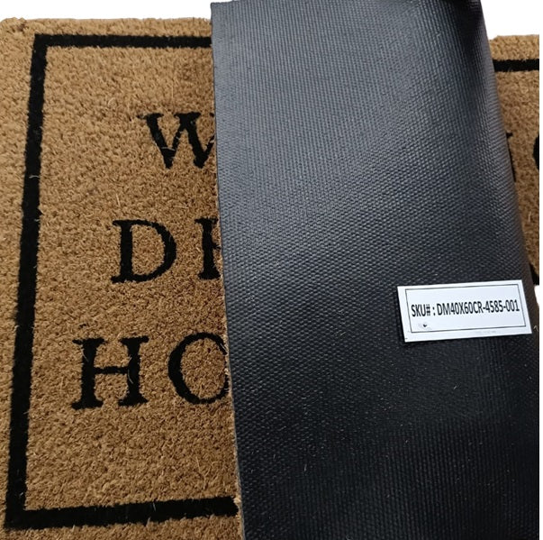 Doormat corner with black backing and white SKU label